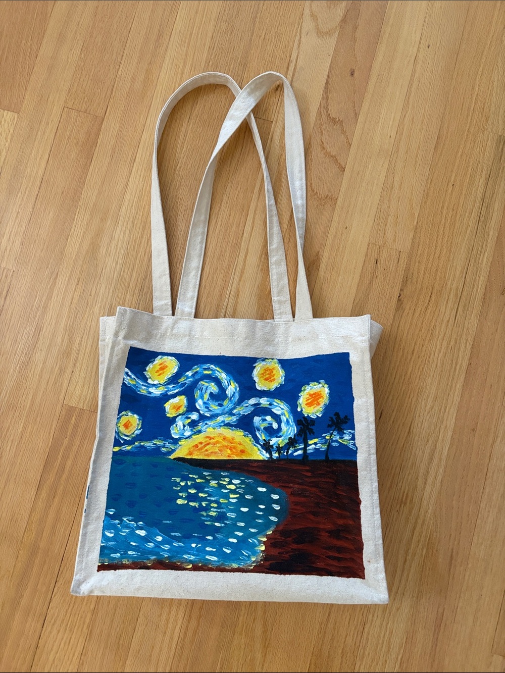 Hand-Painted Cream Canvas Tote Bag with Blue & Yellow Sunset Artwork
